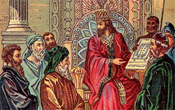 King Solomon studying the drawings for the Temple. Source Wikipedia/A Bible Card Company