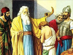 The prophet Samuel anointing David as the future king of Israel.