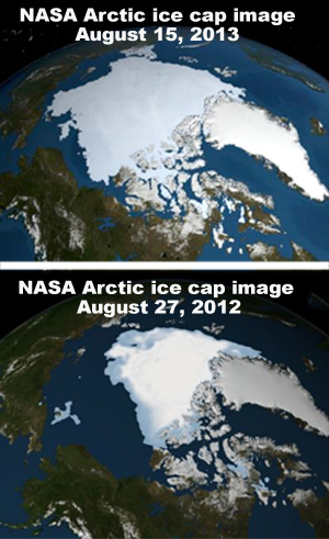 NASA satellight photos showing a 60% increase in ice mass between August 2012 and August 2013.