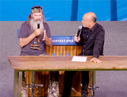 Duck Dynasty's Phil Robertson being interviewed by Greg Laurie at his crusade in Anaheim, California in August 2013. Photo Flickr/Jus10h