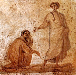 An image of Jesus healing the woman with the issue of blood from the Roman Catacombs 4 AD. Wikipedia {PD Art}