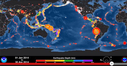Portrayal of earthquakes occurring between Jan and April 30, 2014  Image capture: PTWC YouTube animation