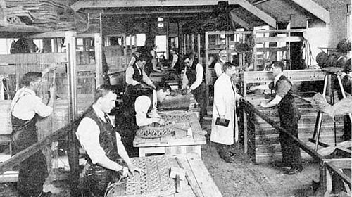 Blinded World War I soldiers learning mat weaving at St. Dunistans started by Aurthur Perason.