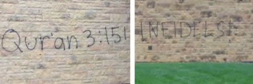 Graffitis sprayed on walls of churches in Columbua, Indiana.