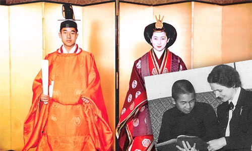 Main image Crown Prince Akihiito at his 1959 wedding to Michiko. Vining was the only foreigner invited to the wedding. Insert Vining with younger Akihioto