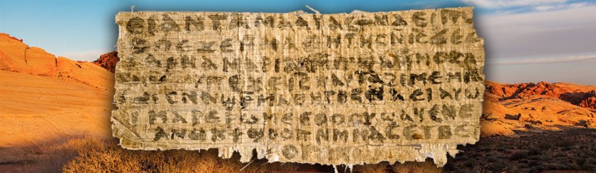 Gospel of Jesus' wife fragment. Background photo: Jame Marvin Phelps/Foter/CC BY NC