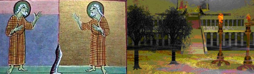 Left: a drawing of the two witnesses from the Bamberg Apocalypse (11th century). Right: picture of the two olive trees and lamp stands www.the-tribulation-network.com/Wikipedia