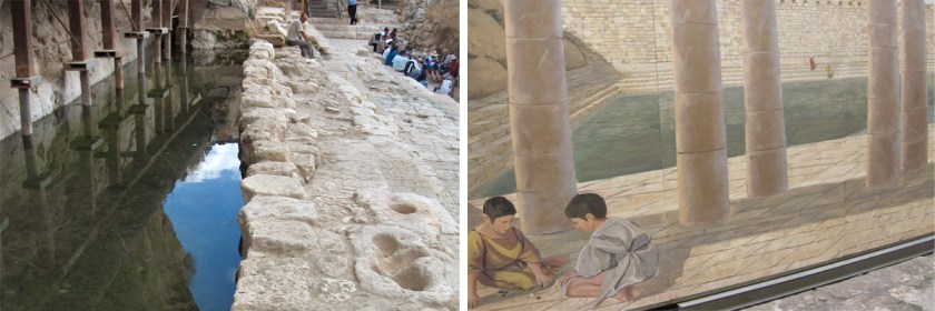 Photo of Pool of Siloam current site and artists rendering of what it looked like initially. Images: photo of pool in 2007/Wikipedia/Daniel Ventura -- Artist rendering Wikipedia/Yoav Dothan