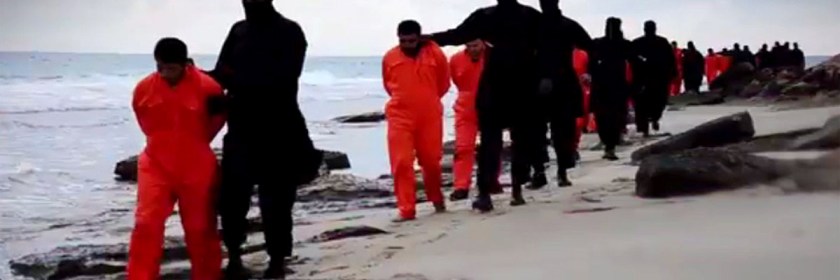 Twenty-one Christian men marching to martyrdom on the coast of the Mediterranean Sea.