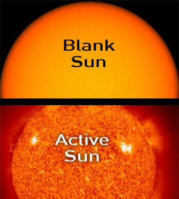 NASA photos comparing images of the sun with and without solar activity