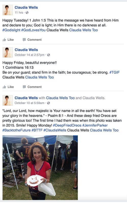 Recent Facebook posts by Claudia Wells.