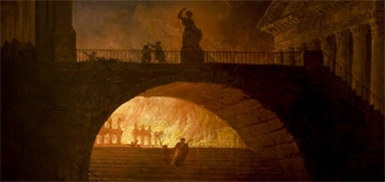 Artist portrayal of the Great Fire of Rome (64AD) by Hubert Robert (1733-1808): Wikipedia