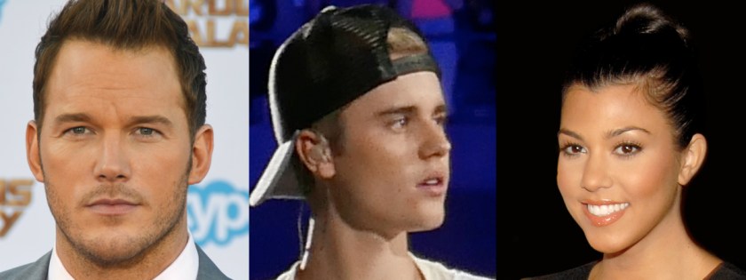 (Left to Right) Chris Pratt Credit: Mingle Media TV/Wikipedia; Justin Bieber Credit: Lou Stejskal/Wikipedia; Kourteny Kardashian credit: © Glenn Francis, www.PacificProDigital.com