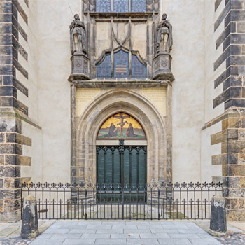 The front door of All Saints Church in Wittenburg, Germany where Luther pounded his 97 theses. Note: these are not the original doors that were apparently destroyed in a fire. Creidt A.Savin/Wikipedia