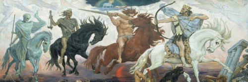 The Four Horsemen of the Apocalypse (L to R): Death, Famine, War and Conquest. by Victor Mikhailovich Vasnetsox (1848-1926) Credit: Wikipedia/Creative Commons/{{PD-US}}