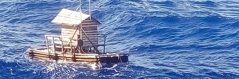 Photo of Aldi Adilang's boat at moment of rescue near the Island of Guam. Released by the Indonesian Consulate General in Osaka/AP
