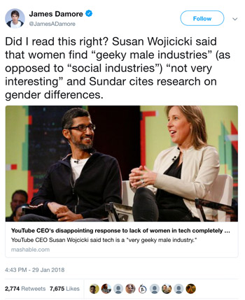 Tweet by former Google employee James Damore on comments made by YouTube CEO 