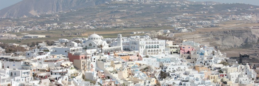 Fira the largest town on the Island of Santorini in the Mediterranean Se. The Island, formerly called Thera, was site of the largest volcanic explosion in history. Credit: Edal Anton Lefterov/Wickipedia/Creative Commons
