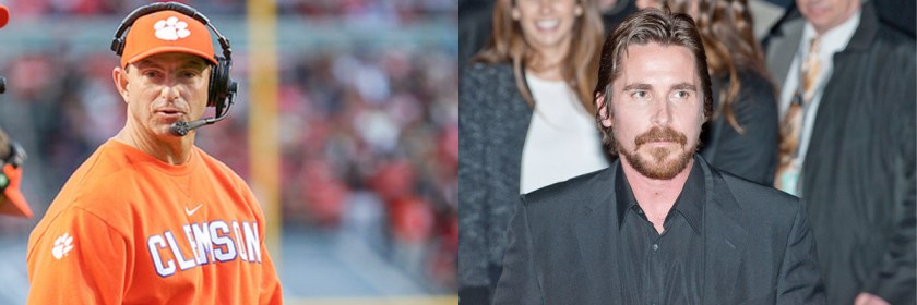 Left to Right: Clemson Tiger Coach Dabo Swineey Credit: LambeauLeap80/Wikipedia and Actor Christian Bale Credit: Siebbi/Wikpedia