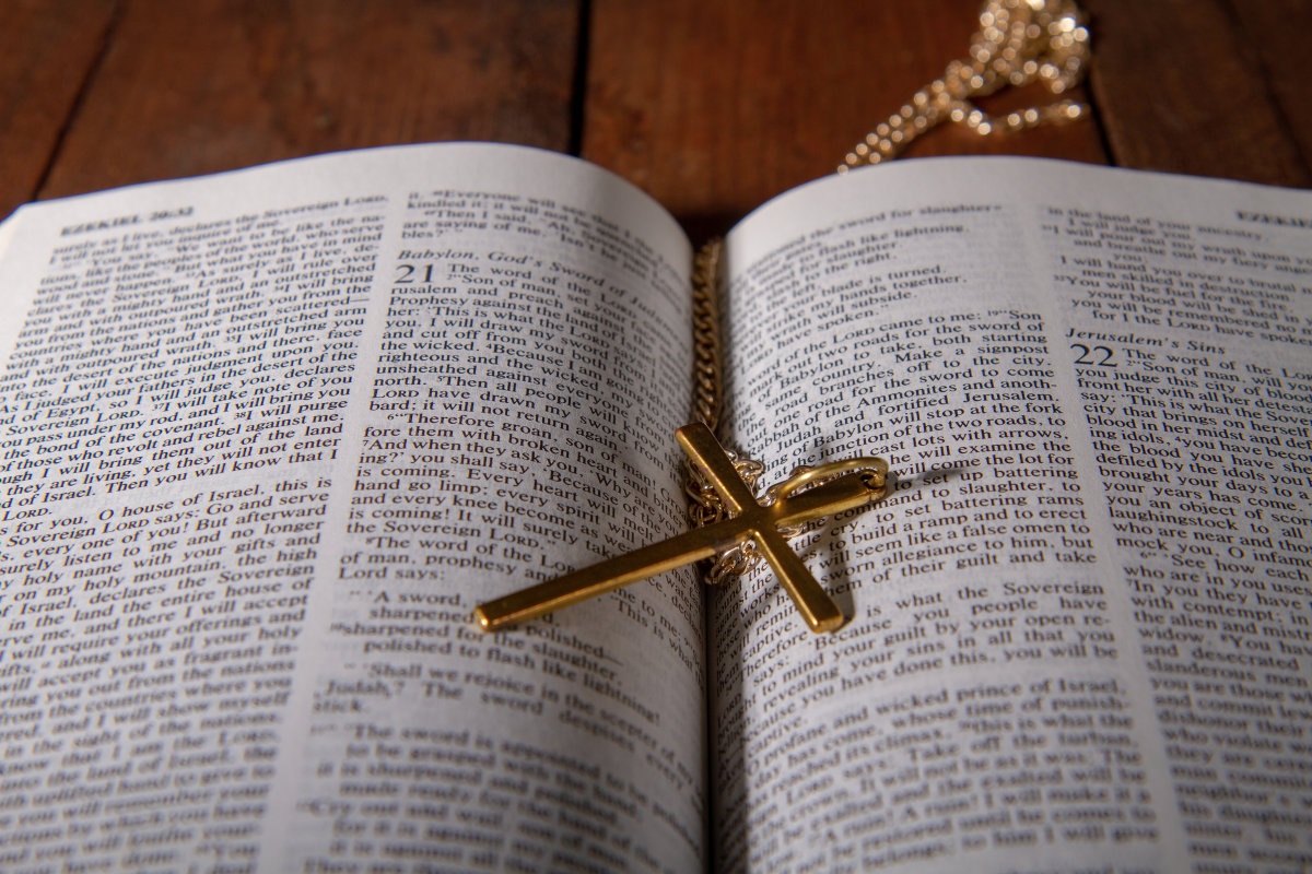 Open Bible with Christian cross on the page
