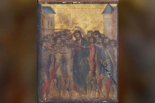 Painted panel entitled, 'Christ Mocked' by Florentine painter Cimabue