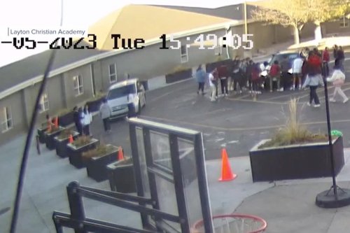 CCTV footage of student from Layton Christian Academy lifting a car, freeing a mother and two-year-old child