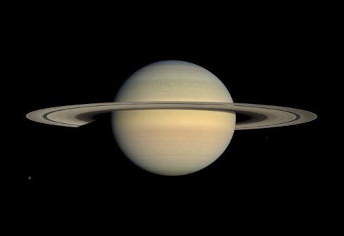 An image of the planet Saturn derived from a series of photos taken by the Cassini space probe.