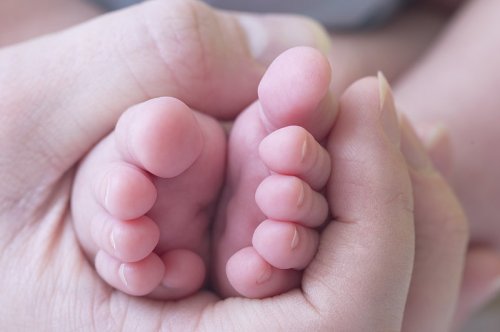 Feet of new born baby wrapped in mother's hand