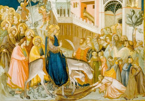Painting of Jesus entering Jerusalem riding a donkey