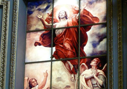 Stained-glass window portraying the resurrection of Jesus in the Berlin Cathedral, Germany