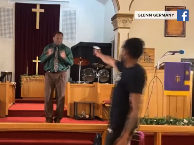 Pastor Glen Germany facing alleged assailant during Sunday morning service, May 5, 2024