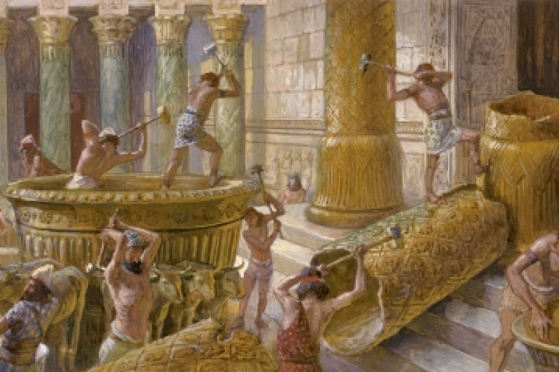 Painting of the Babylonian army destroying the Jewish Temple's Brazen Sea by James Tissot