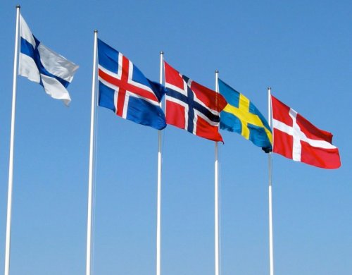 Flags of Finland, Iceland, Norway, Sweden and Denmark with the Scandinavian Cross