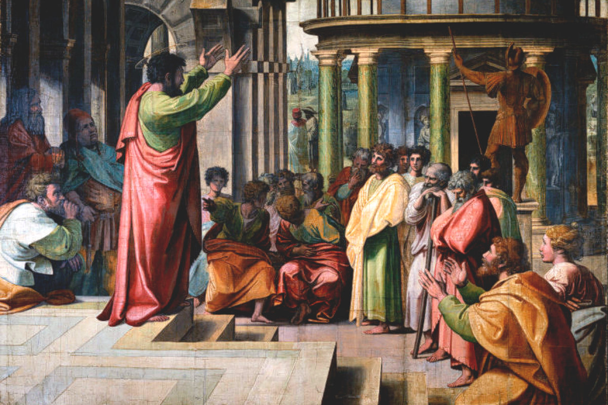 Painting of the Apostle Paul speaking at the Areopagus in Athens by Raphael
