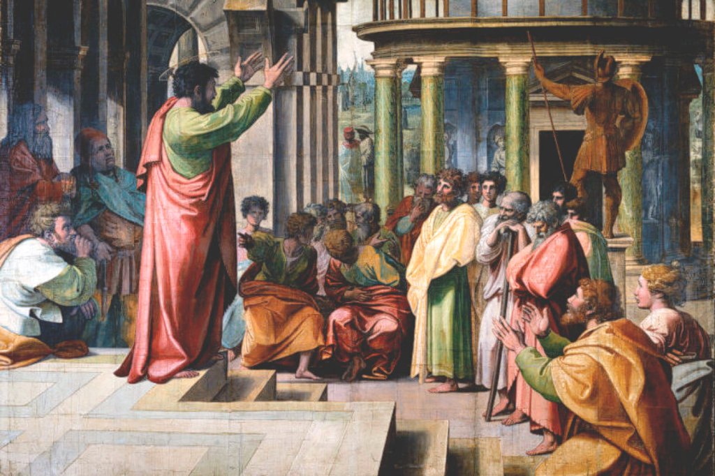 Painting of the Apostle Paul speaking at the Areopagus in Athens by Raphael