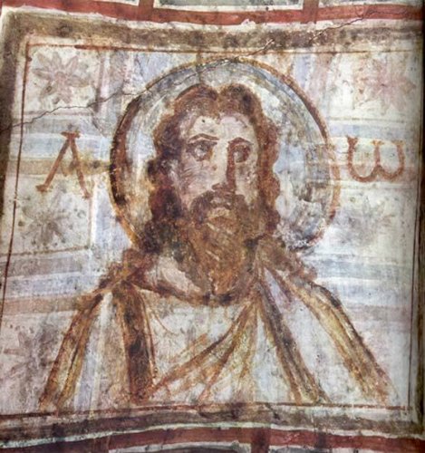 Christ with long hair and beard from the Catacombs of Commodilla in Rome