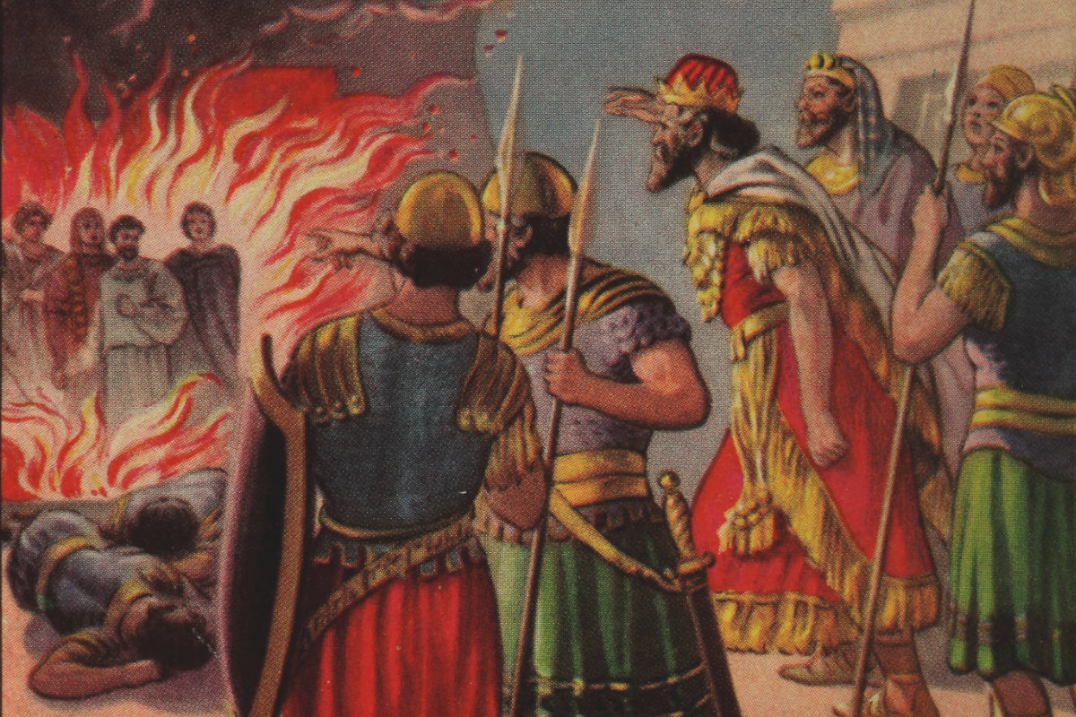 The King of Babylon sees four men inside the furnace after he had ordered Shadrach, Meshach, and Abed-Nego thrown in.