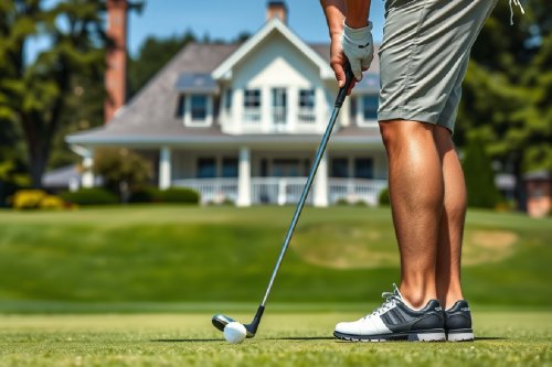 Man putting his ball on a golf course green with the clubhouse in the background