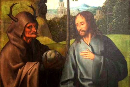 Painting of Jesus being tempted by Satan in the wilderness