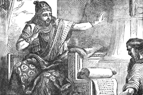 King Josiah listening as the scribe reads from the Book of Deuteronomy