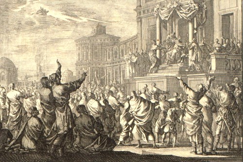 Etching of Angel striking down King Herod Agrippa as he addresses the crowd in Caesarea