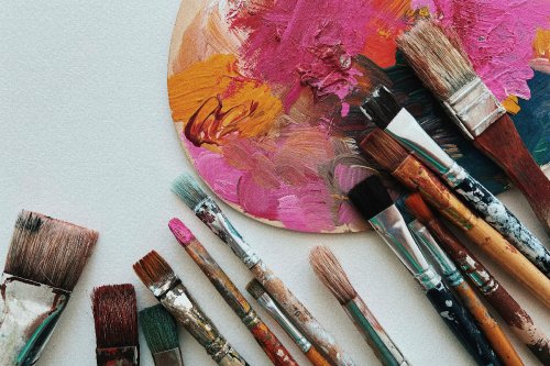 Paint brushes and easel