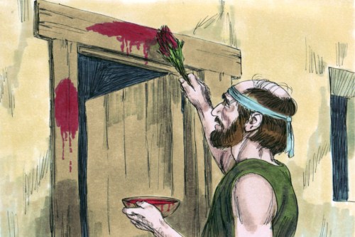 Drawing of man putting blood around the door frame leading up to the Tenth Plaque of Egypt, Death of the Firstborn