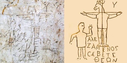Photo of the original Alexamenos graffito (left) and a drawing of what it looked like (right) Credit: Wikipedia, Public Domain 