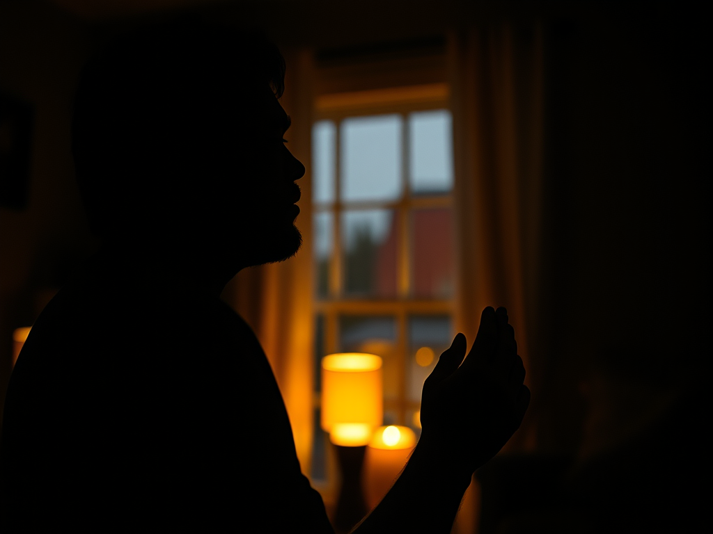 Christian worshipping Jesus in a dark room in their home
