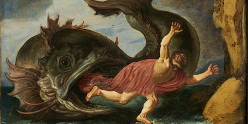 Painting of a large fish coughing up the Prophet Jonah on land