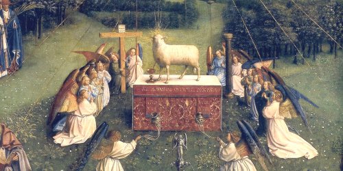 Painting of Jesus being portrayed as the Paschal Lamb by Jan van Eyck