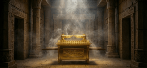 A golden Ark of the Covenant with cherubim sitting in a stone temple.