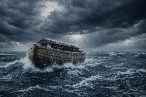 Wooden ark on rough ocean waves during a rainstorm with lightning