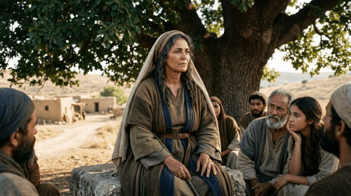 A middle-aged woman in traditional robe speaking to villagers under a large tree in a rustic village setting